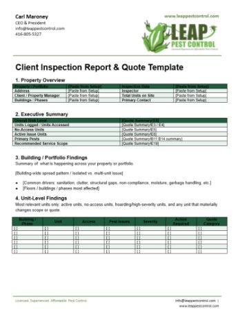 Sample Client Inspection Report and Quote Template, page 1: property overview, executive summary, building and portfolio findings, and unit-level findings