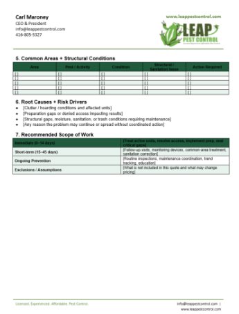 Sample report page 2: common areas and structural conditions, root causes and risk drivers, and recommended scope of work