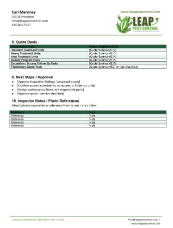 Sample report page 3: quote basis, next steps and approval, and inspector notes and photo references