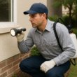 Pest control technician inspecting with a flashlight