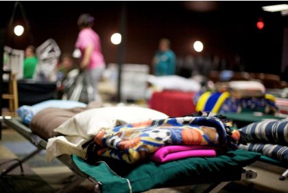 Rows of cots with blankets and pillows in a temporary shelter