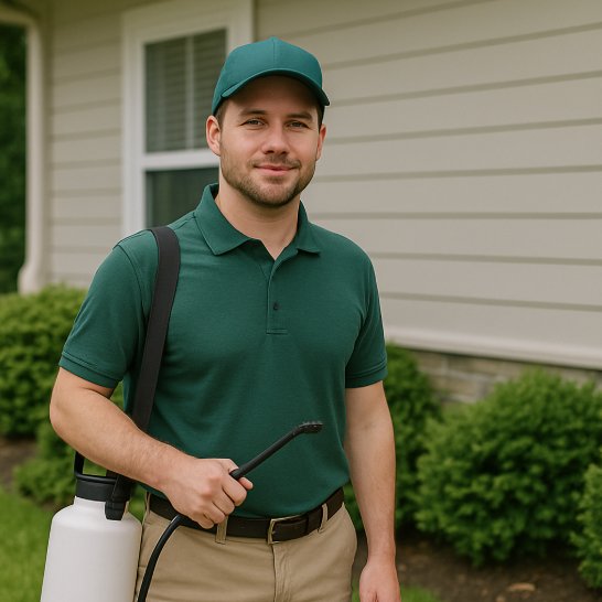 Leap Pest Control technician with a sprayer outside a home