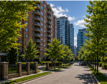 Apartment building with modern condominiums in the background